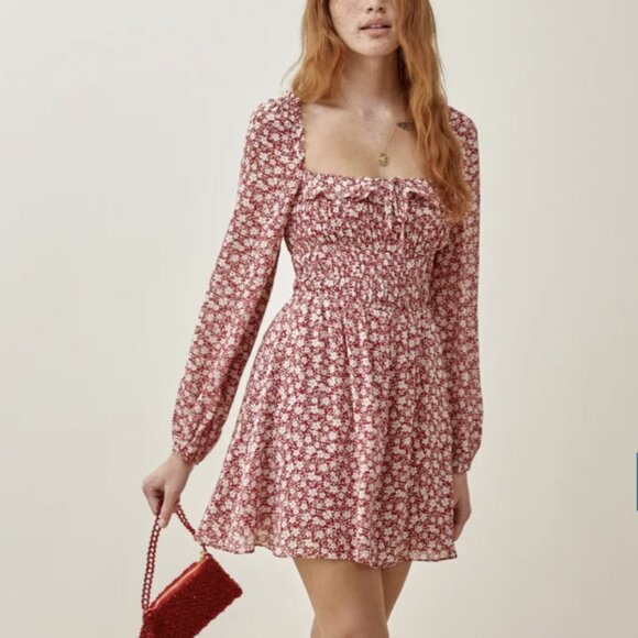 Reformation Dresses & Skirts - Reformation Morris Mini Dress Amaro Red Ditsy Floral Smocked Long Sleeves Sz 4